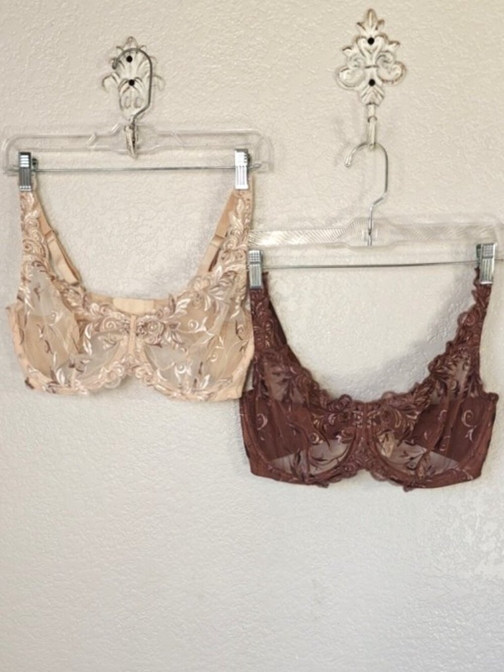 Set of 2 Soma 36DD Sensuous Lace Unlined Wired Sheer Full Coverage Tan & Brown